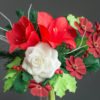 Red and white crepe paper flower arrangement