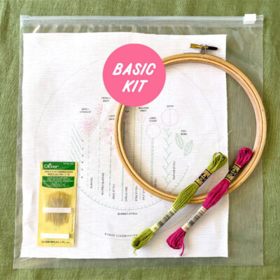 Basic embroidery stitch guide kit includes embroidery loop, floss, stitch guide, and needles