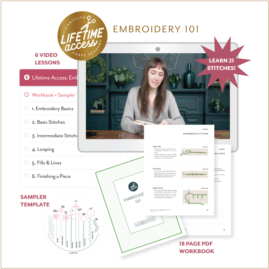 Embroidery 101: Embroidery Stitches for Beginners includes six video lessons, a workbook, and a stitch guide you can use as a reference for creating more embroidery projects