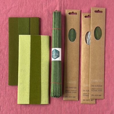 Green double-sided crepe paper and four stem wires are included in this paper flower essentials bundle