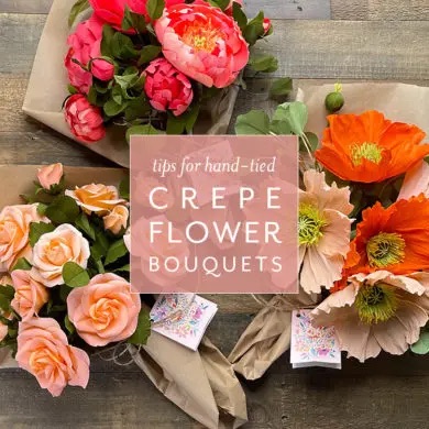 three hand-tied crepe paper flower bouquets