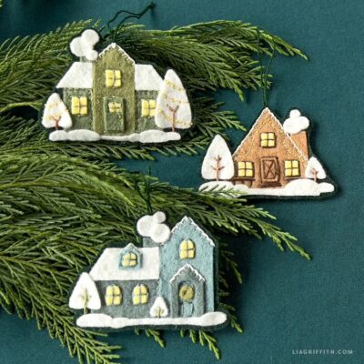 embroidered winter house ornaments trio