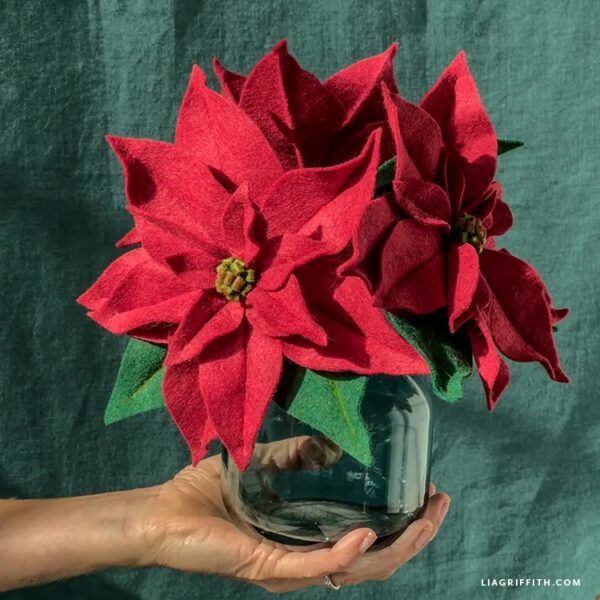 felt red poinsettia flower bouquet in vase