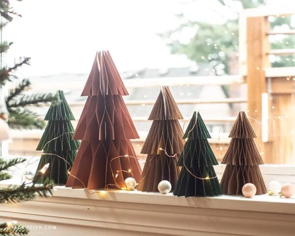 DIY honeycomb christmas trees on windowsill