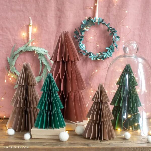 DIY honeycomb christmas trees on mantel